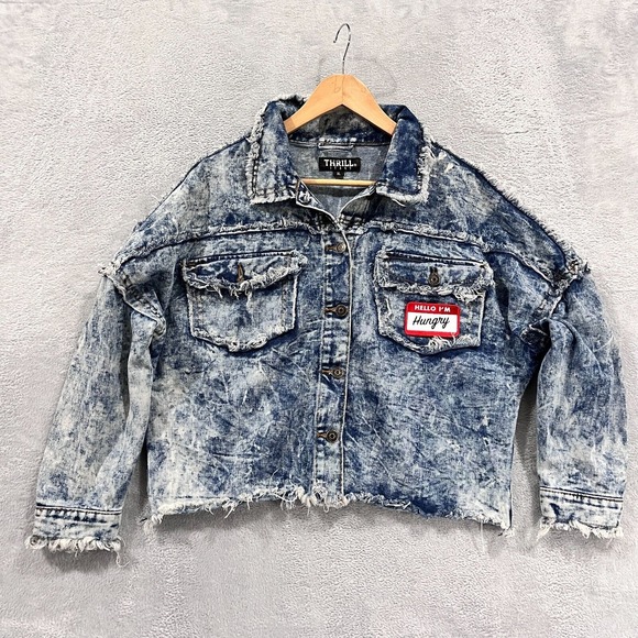 Thrill Jackets & Blazers - Thrill Jean Jacket Women XL Denim Fringe Distressed Crop Fringe I'm Hungry Skull